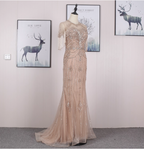 Gorgeous Nude Pink Mermaid Crew Neck Fringed Sleeve Beaded Tulle Train Formal Prom Dress