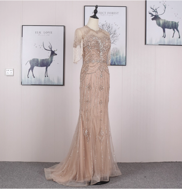 Gorgeous Nude Pink Mermaid Crew Neck Fringed Sleeve Beaded Tulle Train Formal Prom Dress