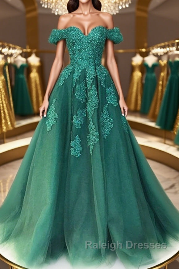 Gorgeous Off Shoulder Green Lace Long Prom Dresses, Green Lace Formal Evening Dresses, Green Ball Gown Main image