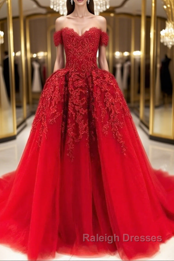 Gorgeous Off Shoulder Red Lace Long Prom Dresses, Red Lace Formal Evening Dresses, Red Ball Gown Main image