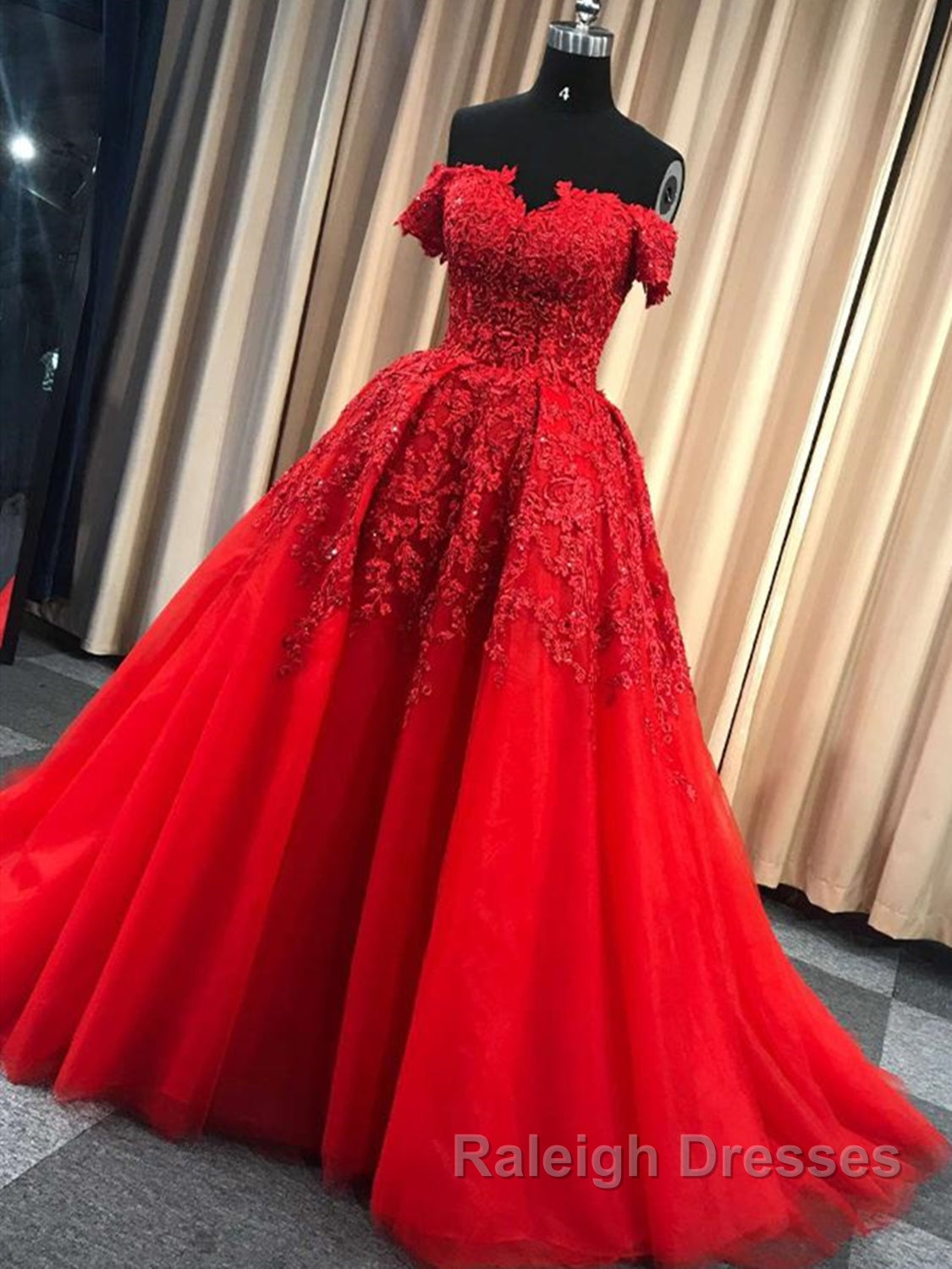 Gorgeous Off Shoulder Red Lace Long Prom Dresses, Red Lace Formal Evening Dresses, Red Ball Gown Secondary image