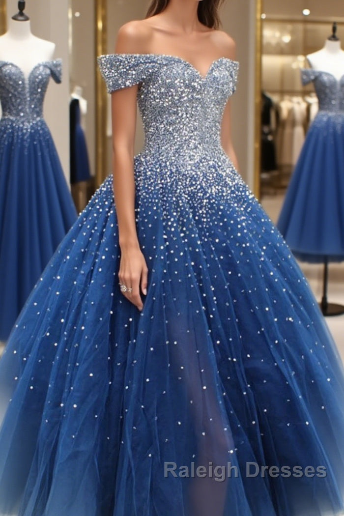 Gorgeous Off Shoulder Sequins Blue Long Prom Dress, Shiny Sequins Blue Formal Evening Dress, Blue Ball Gown