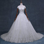 Gorgeous Off Shoulder Short Sleeve Lace Appliques Beading Sparkly Ball Gown Cathedral Train Wedding Dress