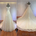 Gorgeous Off Shoulder Sweetheart Zip Up Long A-Line Lace Cathedral Train Wedding Dresses,