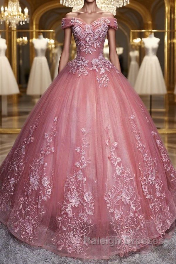 Gorgeous Off the Shoulder Pink Lace Appliques Long Prom Dress, Off Shoulder Pink Formal Dress, Pink Evening Dress, Ball Gown Main image