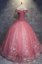 Gorgeous Off the Shoulder Pink Lace Appliques Long Prom Dresses Off Shoulder Pink Prom Dresses Pink Prom Dresses Ball Gown