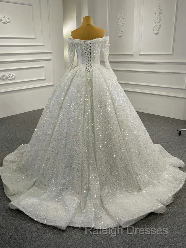 Gorgeous Off The Shoulder Sparkly Ball Gown Sequin Wedding Dresses With Sleeves Secondary image