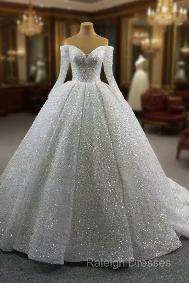 Gorgeous Off The Shoulder Sparkly Ball Gown Sequin Wedding Dresses With Sleeves Main image