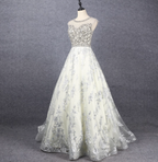Gorgeous Off-White Crew Neck Beaded Embroidered Tulle Long Formal Prom Dress