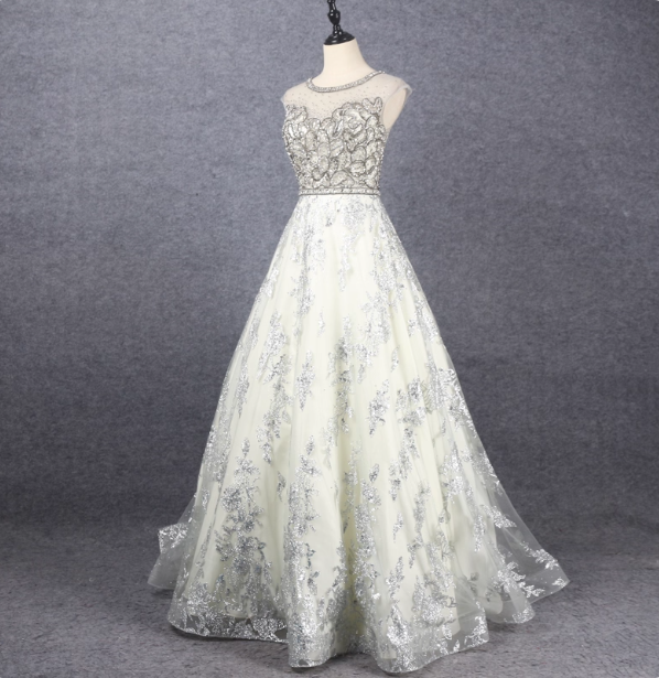 Gorgeous Off-White Crew Neck Beaded Embroidered Tulle Long Formal Prom Dress