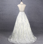 Gorgeous Off-White Crew Neck Beaded Embroidered Tulle Long Formal Prom Dress