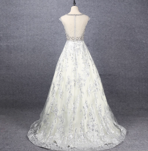 Gorgeous Off-White Crew Neck Beaded Embroidered Tulle Long Formal Prom Dress