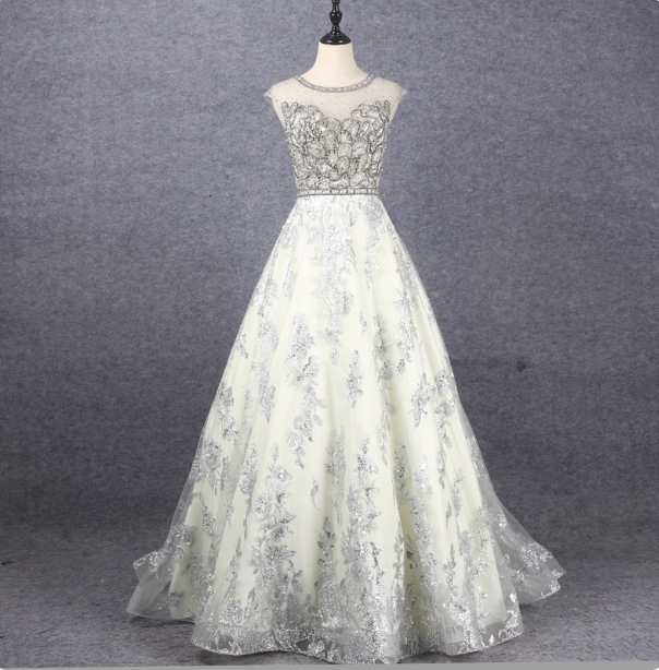 Gorgeous Off-White Crew Neck Beaded Embroidered Tulle Long Formal Prom Dress Main image