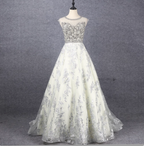 Gorgeous Off-White Crew Neck Beaded Embroidered Tulle Long Formal Prom Dress