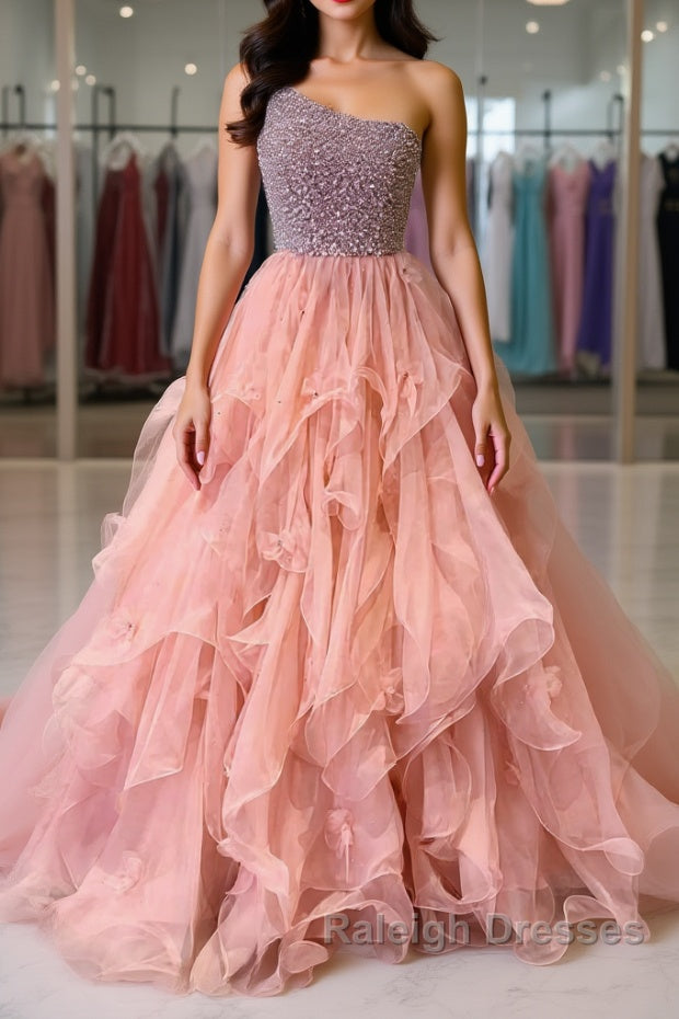 Gorgeous One Shoulder Beaded Pink Long Prom Dresses, Fluffy Pink Formal Evening Dresses, Beaded Ball Gown Main image