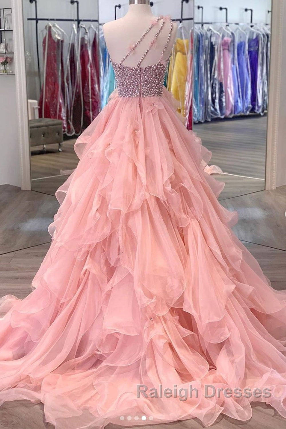 Gorgeous One Shoulder Beaded Pink Long Prom Dresses, Fluffy Pink Formal Evening Dresses, Beaded Ball Gown Secondary image