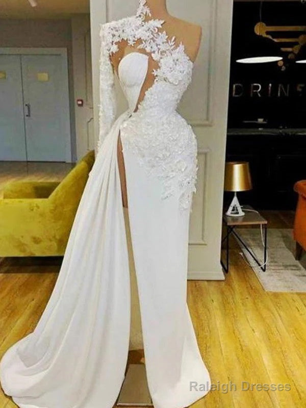Gorgeous One Shoulder Long Sleeve With Appliques Side Split Prom Dresses.