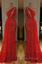 Gorgeous One Shoulder Red Sequins Long Prom Dress
