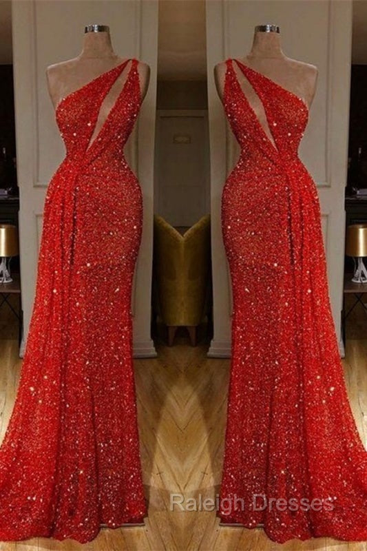 Gorgeous One Shoulder Red Sequins Long Prom Dress