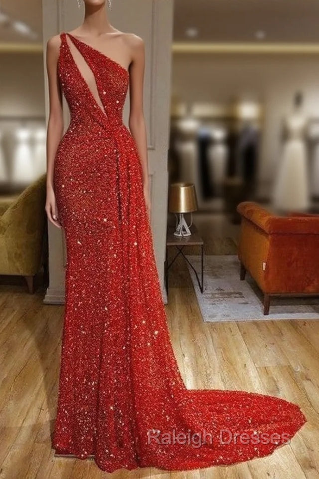 Gorgeous One Shoulder Red Sequins Long Prom Dress Main image