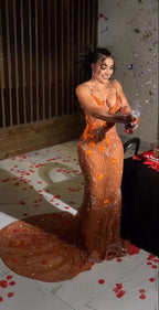 Gorgeous Orange Beaded Applique Mermaid Prom Dress Long Prom Dress
