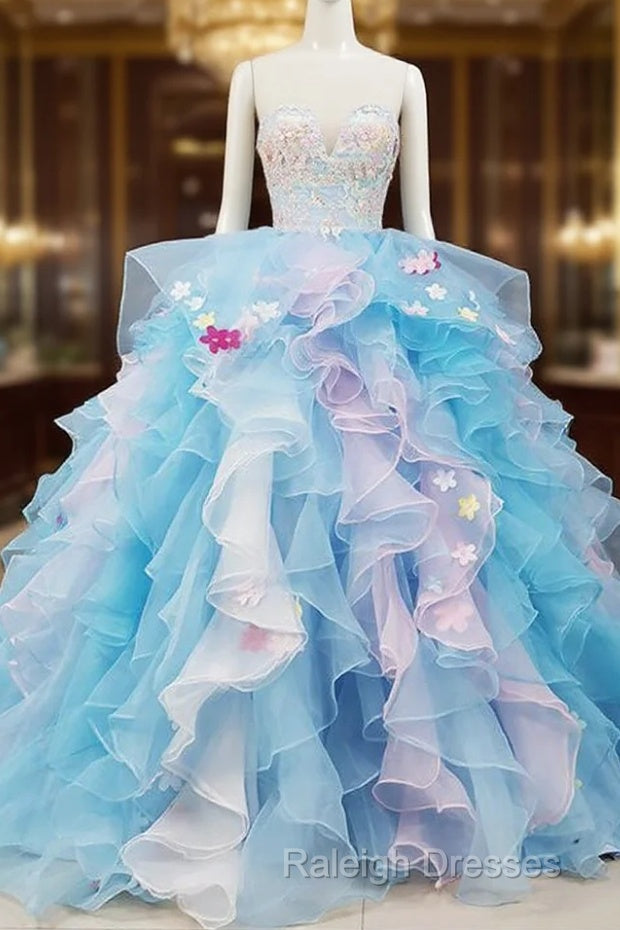 Gorgeous Organza Flowers Blue Sweet 16 Gown, Handmade Party Dress Main image