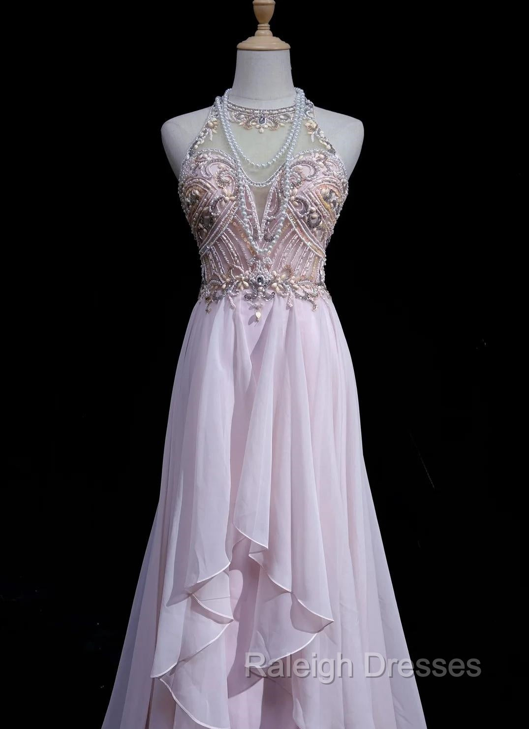 Gorgeous Pink A-Line Tulle High Neck Chiffon Long Beaded Backless Prom Dress Retro Wedding Birthday Dress Secondary image