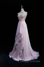 Gorgeous Pink A-Line Tulle High Neck Chiffon Long Beaded Backless Prom Dress Retro Wedding Birthday Dress