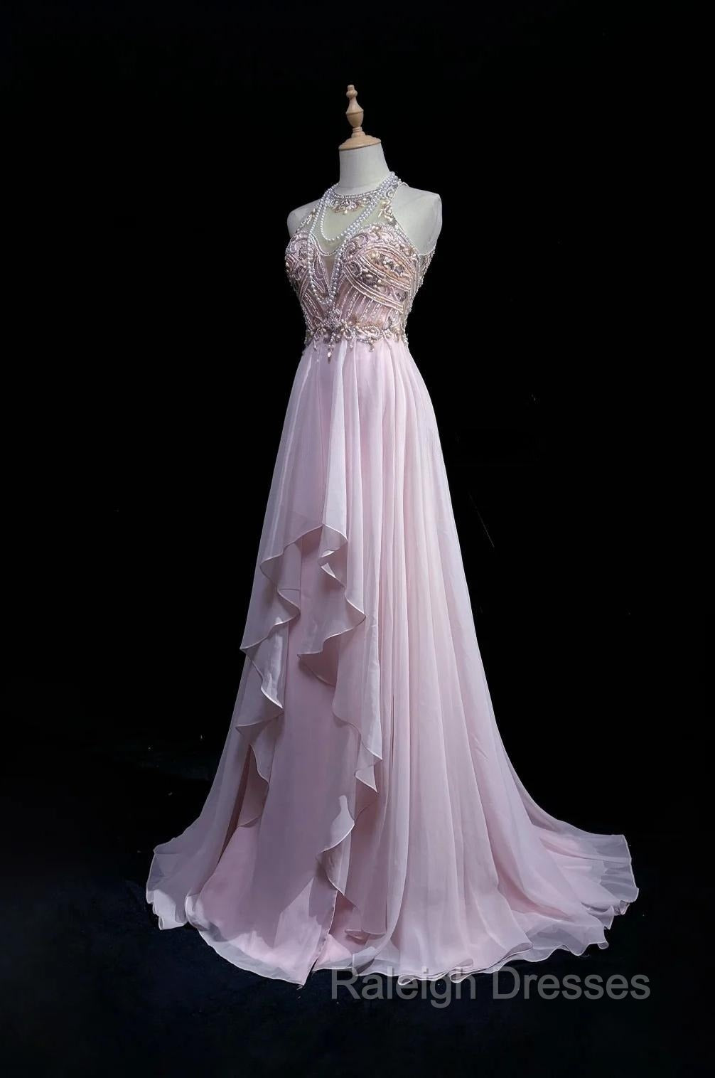 Gorgeous Pink A-Line Tulle High Neck Chiffon Long Beaded Backless Prom Dress Retro Wedding Birthday Dress