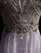 Gorgeous Pink A-Line Tulle High Neck Chiffon Long Beaded Backless Prom Dress Retro Wedding Birthday Dress