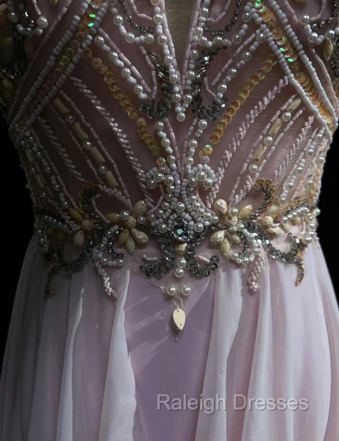 Gorgeous Pink A-Line Tulle High Neck Chiffon Long Beaded Backless Prom Dress Retro Wedding Birthday Dress