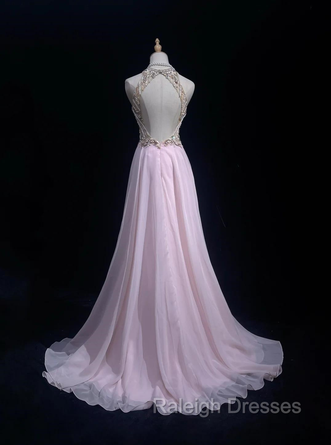 Gorgeous Pink A-Line Tulle High Neck Chiffon Long Beaded Backless Prom Dress Retro Wedding Birthday Dress