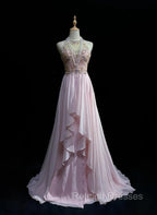 Gorgeous Pink A-Line Tulle High Neck Chiffon Long Beaded Backless Prom Dress Retro Wedding Birthday Dress