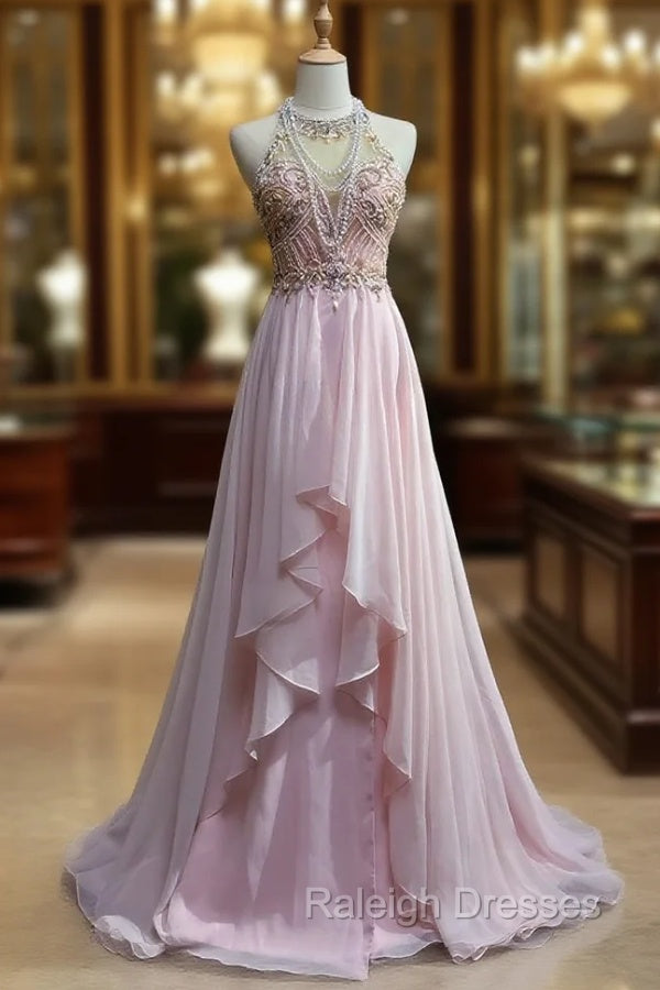 Gorgeous Pink A-Line Tulle High Neck Chiffon Long Beaded Backless Prom Dress Retro Wedding Birthday Dress