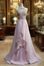 Gorgeous Pink A-Line Tulle High Neck Chiffon Long Beaded Backless Prom Dress Retro Wedding Birthday Dress