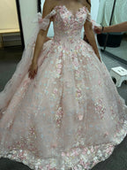 Gorgeous Pink Applique Ball Gown Tulle Lace Off-The-Shoulder Long Quinceanera Dresses Tulle Sweet Birthday Dresses