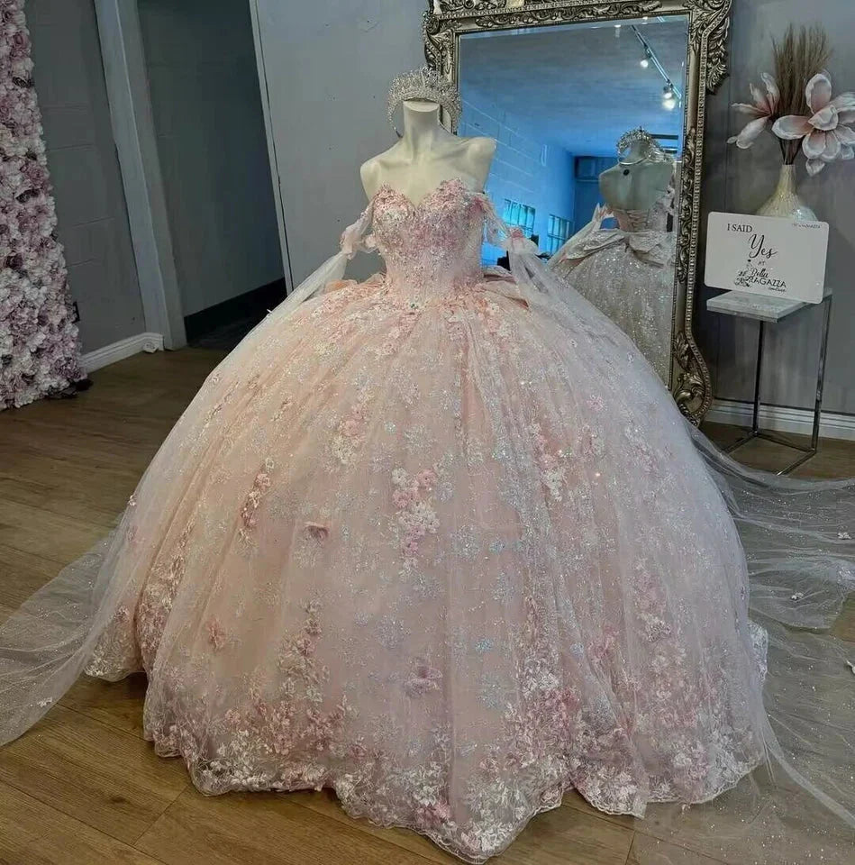 Gorgeous Pink Applique Ball Gown Tulle Lace Off-The-Shoulder Long Quinceanera Dresses Tulle Sweet Birthday Dresses