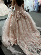 Gorgeous Pink Applique Ball Gown Tulle Lace Off-The-Shoulder Long Quinceanera Dresses Tulle Sweet Birthday Dresses