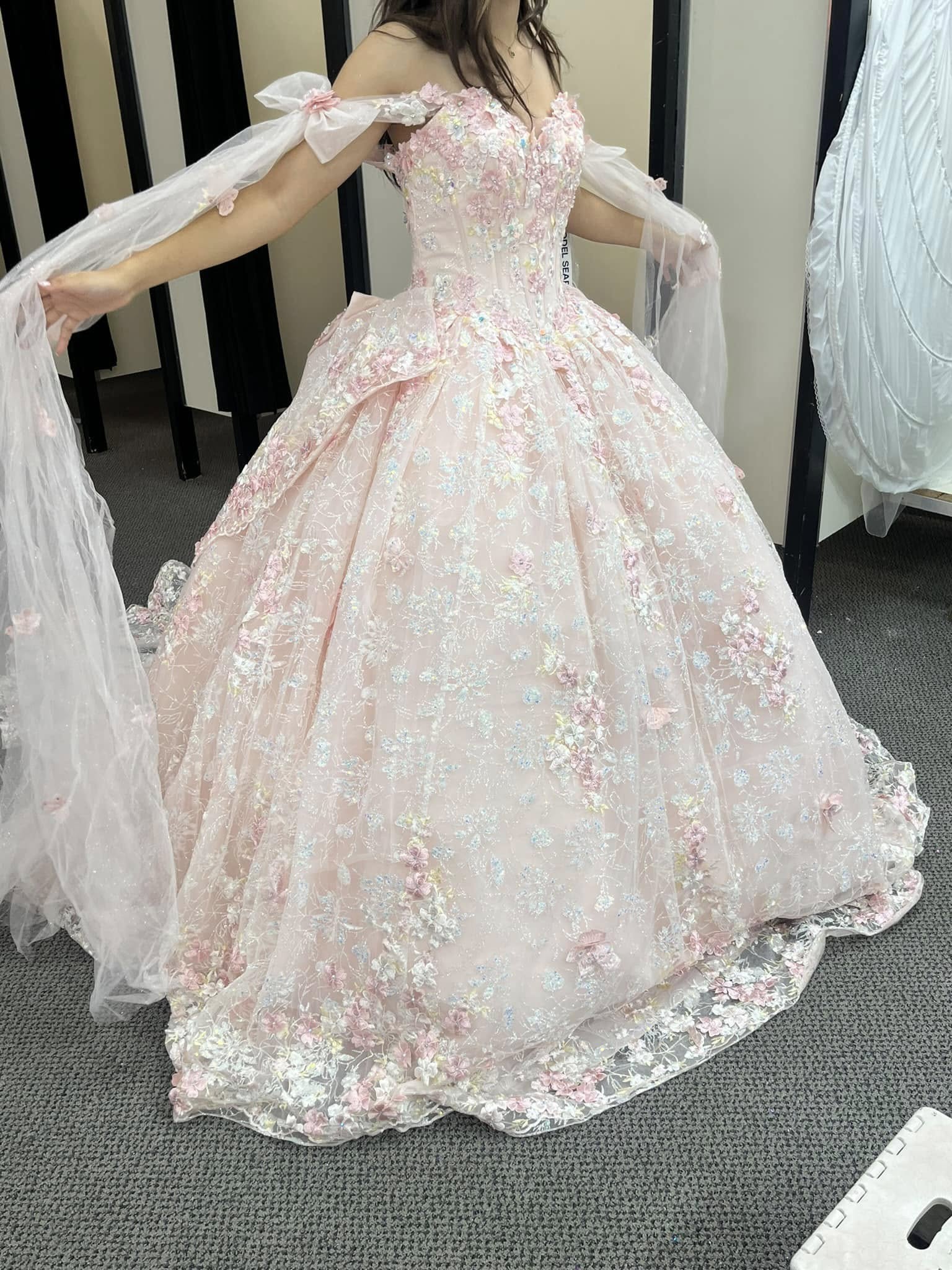 Gorgeous Pink Applique Ball Gown Tulle Lace Off-The-Shoulder Long Quinceanera Dresses Tulle Sweet Birthday Dresses