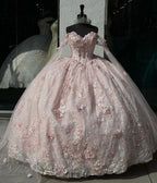 Gorgeous Pink Applique Ball Gown Tulle Lace Off-The-Shoulder Long Quinceanera Dresses Tulle Sweet Birthday Dresses