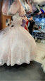 Gorgeous Pink Applique Ball Gown Tulle Lace Off-The-Shoulder Long Quinceanera Dresses Tulle Sweet Birthday Dresses