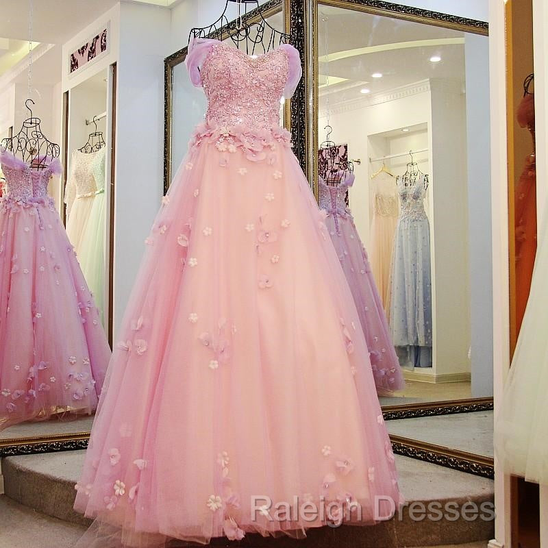 Gorgeous Pink Flowers Off Shoulder Party Dress, Pink Formal Dress Ball Gown Formal Dress