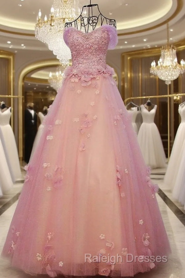 Gorgeous Pink Flowers Off Shoulder Party Dress, Pink Formal Dress Ball Gown Formal Dress Main image