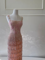 Gorgeous Pink Slim Square Neck 3D Flower Sequin Tassel Long Formal Prom Dress