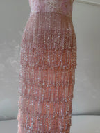 Gorgeous Pink Slim Square Neck 3D Flower Sequin Tassel Long Formal Prom Dress