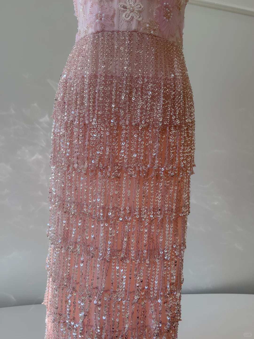 Gorgeous Pink Slim Square Neck 3D Flower Sequin Tassel Long Formal Prom Dress