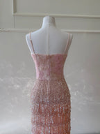 Gorgeous Pink Slim Square Neck 3D Flower Sequin Tassel Long Formal Prom Dress