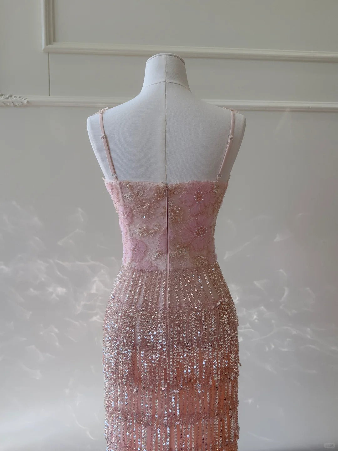 Gorgeous Pink Slim Square Neck 3D Flower Sequin Tassel Long Formal Prom Dress
