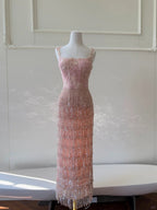 Gorgeous Pink Slim Square Neck 3D Flower Sequin Tassel Long Formal Prom Dress