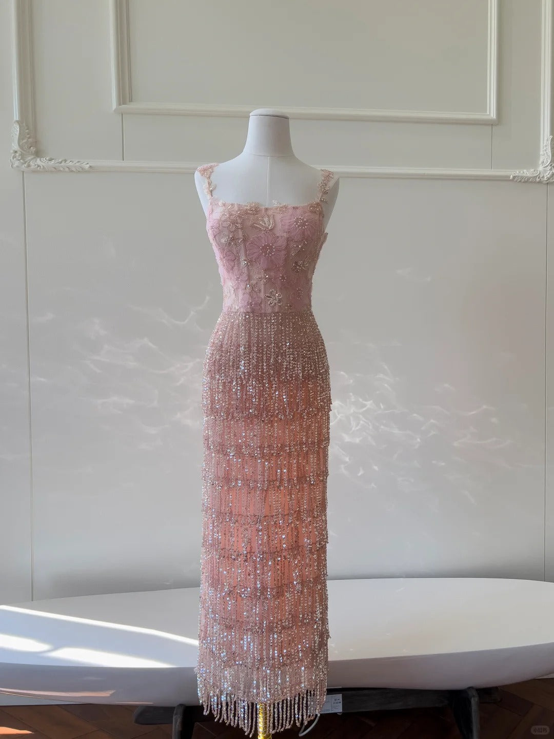 Gorgeous Pink Slim Square Neck 3D Flower Sequin Tassel Long Formal Prom Dress